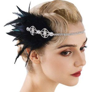 SweetV Rayne 1920s Feather Headband -Black